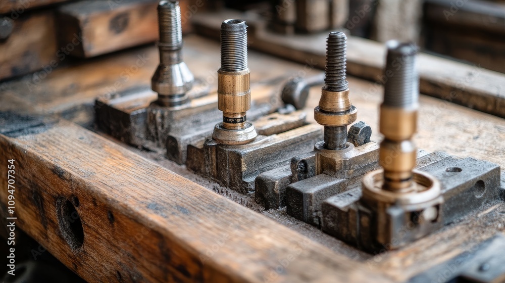 Close-up of Antique Metalworking Tools on a Wooden Workbench Close-up of Antique Metalworking Tools on a Wooden Workbench