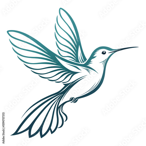 A gradient teal hummingbird silhouette, emphasizing a dynamic pose with soft, flowing lines on a dark canvas, set against a transparent background photo