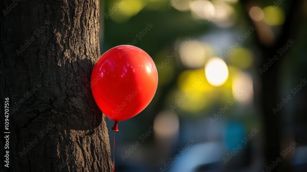 Bright Red Balloon Attached to Tree Creating a Vibrant and Whimsical Outdoor Scene with Nature and Soft Focus Background, Perfect for Celebrations and Events Bright Red Balloon Attached to Tree Creating a Vibrant and Whimsical Outdoor Scene with Nature and Soft Focus Background, Perfect for Celebrations and Events