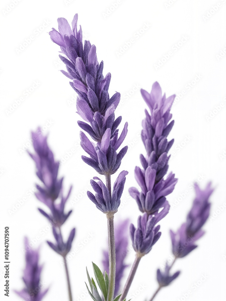 Naklejka premium Beautiful Lavender Flower Stems with Soft Purple Petals Against a Clean White Background for Natural Beauty and Aromatherapy Themes