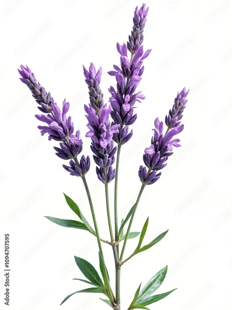 Naklejka premium Fresh Lavender Flowers with Green Leaves Against Elegant White Background Capturing Nature's Beauty and Serenity in a Vibrant Composition