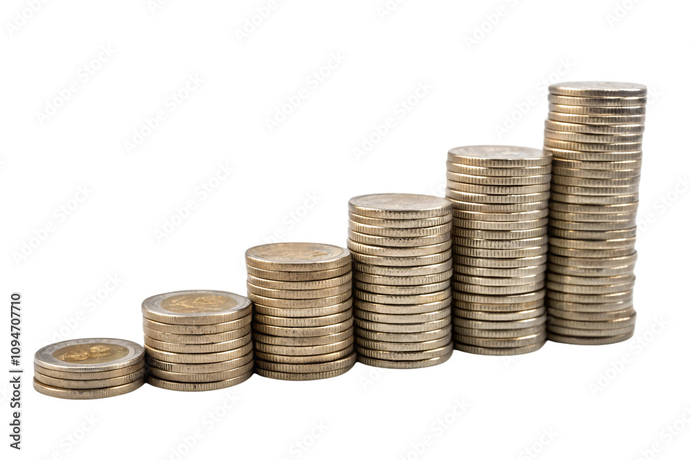 Neatly arranged coin stacks growing in height from left to right, representing wealth accumulation, economic growth, or financial strategy in a minimalistic style, set against a transparent background Neatly arranged coin stacks growing in height from left to right, representing wealth accumulation, economic growth, or financial strategy in a minimalistic style, set against a transparent background