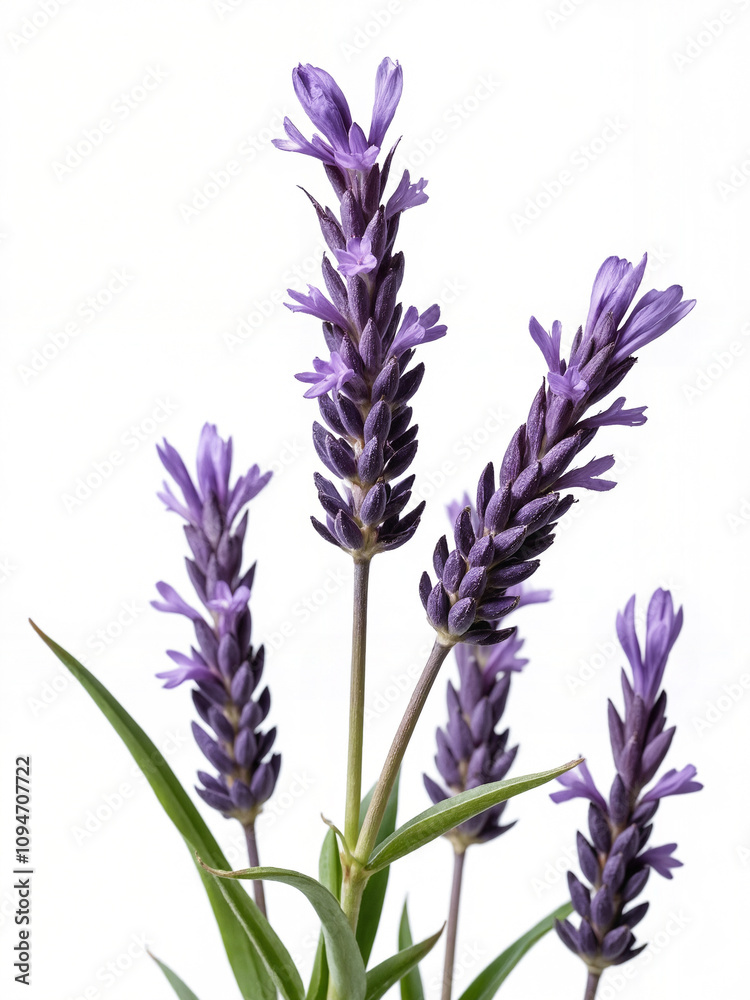 Fototapeta premium Beautiful Lavender Blooms Showcasing Delicate Purple Petals with Green Leaves Against a Simple White Background for Nature and Floral Imagery