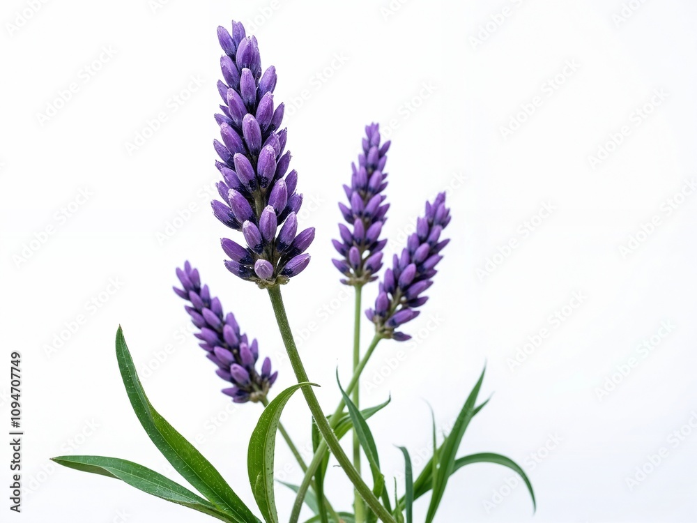 Fototapeta premium Beautiful lavender flowers against a bright white background showcasing vibrant purple blooms and lush green leaves, perfect for nature and botanical themes