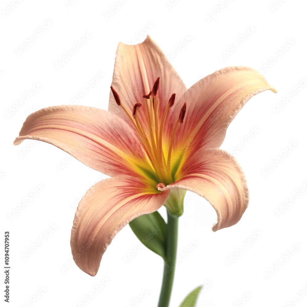 Naklejka premium Elegant peach lily flower with delicate petals showcasing intricate details and a soft gradient from cream to warm orange, captured against a neutral background