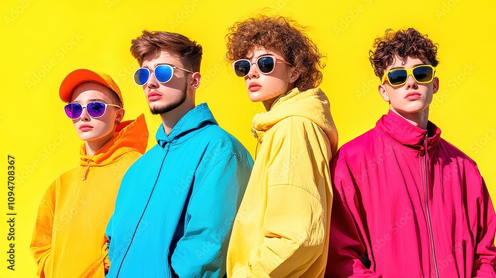 Fototapeta premium Colorful group of stylish friends posing against vibrant backdrop on a sunny day