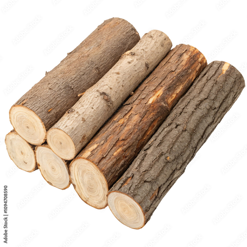 Stacked tree logs with visible bark and light wood cross-sections, neatly arranged for a rustic aesthetic, set against a transparent background Stacked tree logs with visible bark and light wood cross-sections, neatly arranged for a rustic aesthetic, set against a transparent background