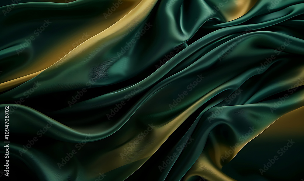 Obraz premium This silky fabric design blends deep emerald green with shimmering gold, creating a sophisticated and opulent look
