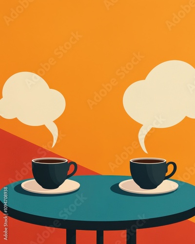Two coffee cups sit on a table against a vibrant orange background, with speech bubbles suggesting conversation or dialogue.