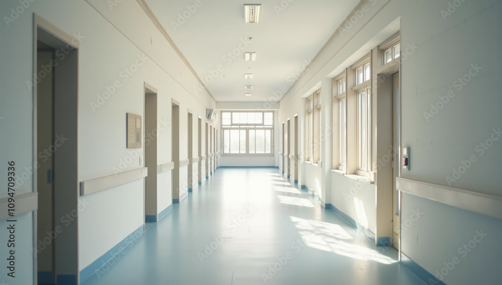 A minimalistic school hallway interior with clean lines and simple design elements. The hallway is empty A minimalistic school hallway interior with clean lines and simple design elements. The hallway is empty