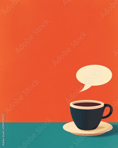 A minimalist illustration featuring a black coffee cup on a plate against a vibrant orange background with a speech bubble.