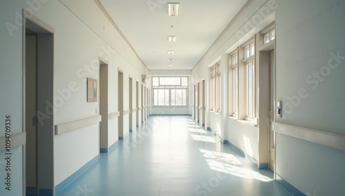 A minimalistic school hallway interior with clean lines and simple design elements. The hallway is empty