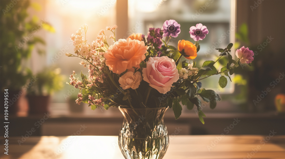 Fototapeta premium 窓辺の自然光で照らされた庭の花のフラワーアレンジメント