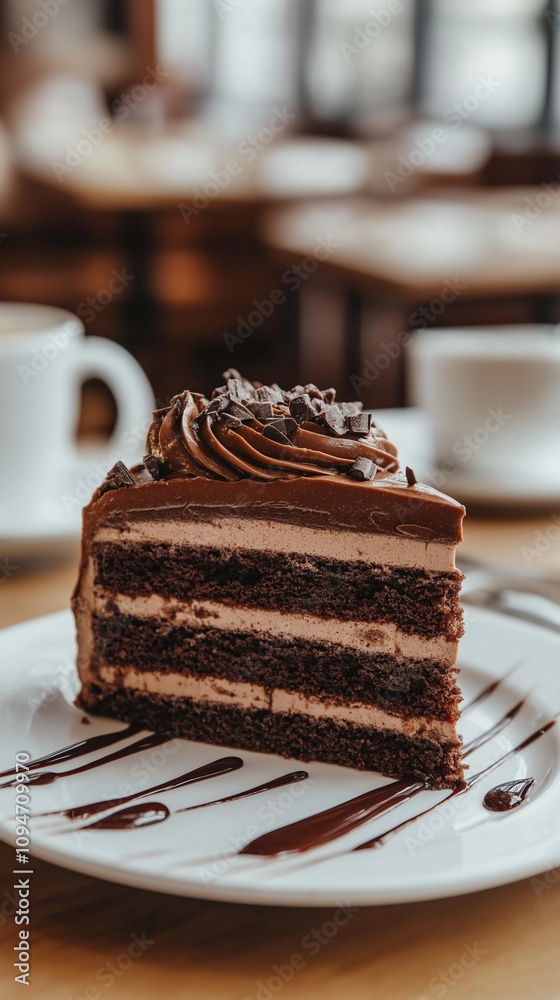 decadent slice of chocolate cake with layers of rich frosting and a drizzle of chocolate sauce decadent slice of chocolate cake with layers of rich frosting and a drizzle of chocolate sauce