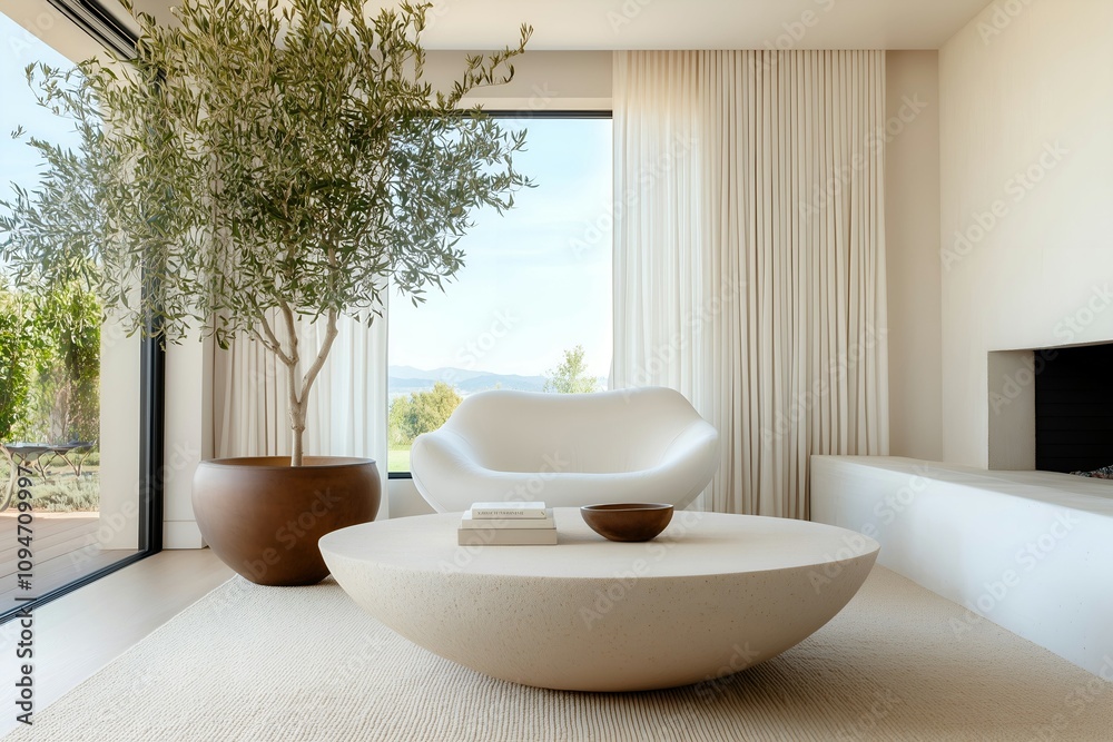 Modern Living Room Interior with Olive Tree, Sculptural Chair, and Oval Coffee Table Modern Living Room Interior with Olive Tree, Sculptural Chair, and Oval Coffee Table