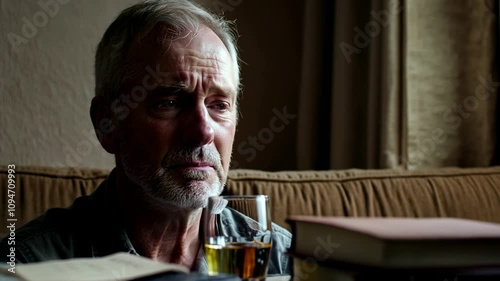 a devastated alcoholic senior man sitting at home photo