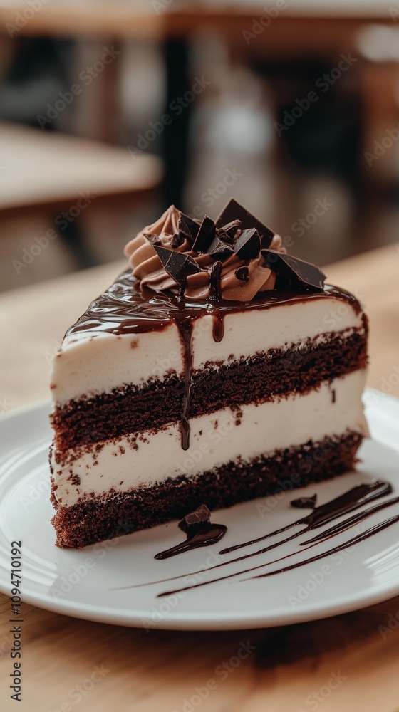 decadent slice of chocolate cake with layers of rich frosting and a drizzle of chocolate sauce decadent slice of chocolate cake with layers of rich frosting and a drizzle of chocolate sauce