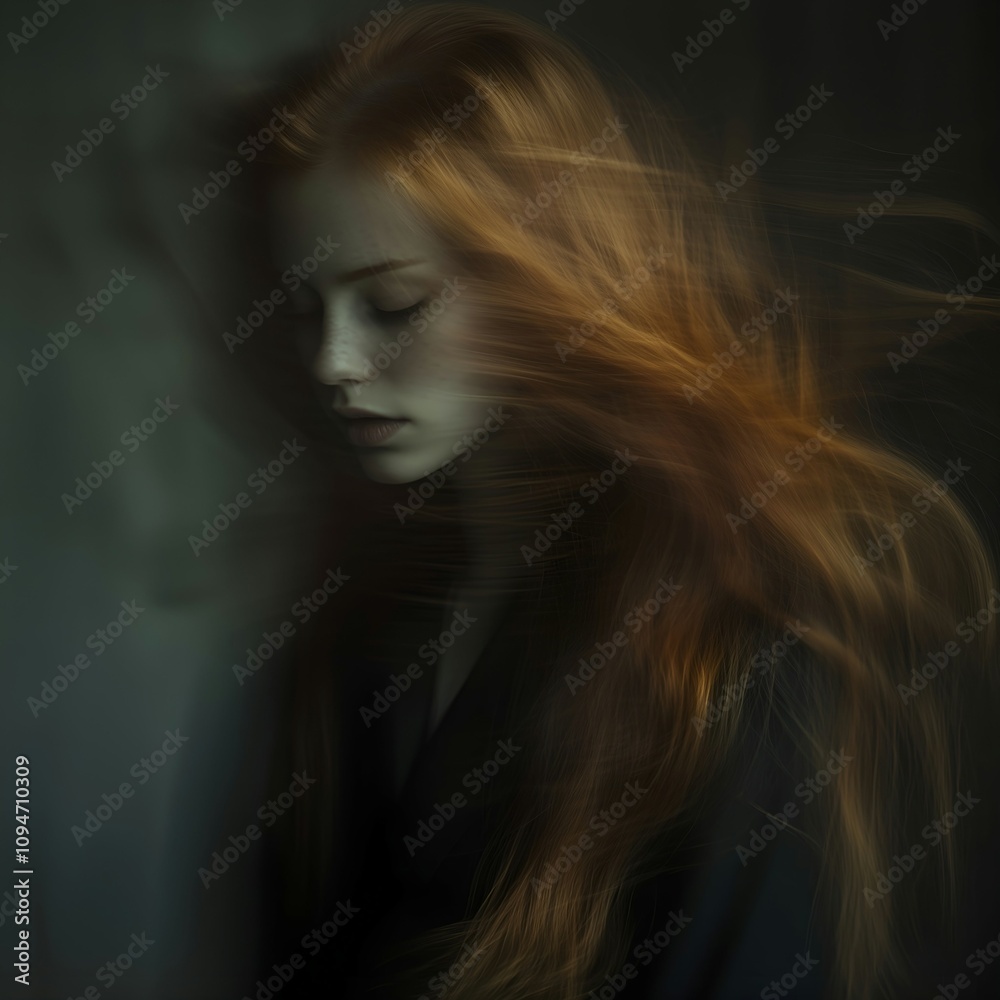 Portrait of Woman with Long Auburn Hair, Motion Blur Portrait of Woman with Long Auburn Hair, Motion Blur