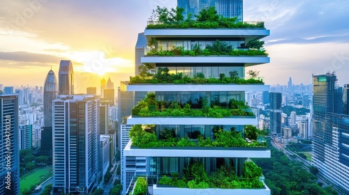 Modern architectural marvel showcases lush greenery atop sleek skyscrapers during a vibrant sunset in the urban skyline photo