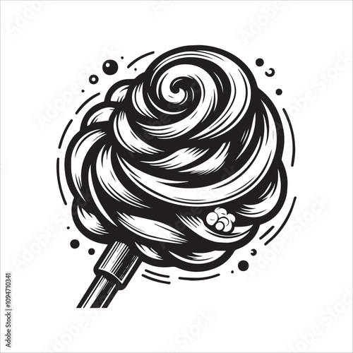 Detailed black and white illustration of a swirling lollipop. This intricate black and white line art illustration showcases a whimsical lollipop with a detailed, swirling pattern.