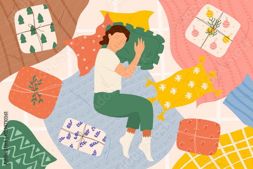Christmas weekend. Woman morning sleeping. New Years waking. Happy holiday interior. Funny comfort in bed. Home holiday textiles. Xmas relax. Soft pillows. Girls Sweet dreaming. Vector garish concept