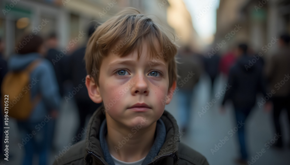 A close up young boy in distress on a crowded city street, surrounded by a busy urban environment A close up young boy in distress on a crowded city street, surrounded by a busy urban environment
