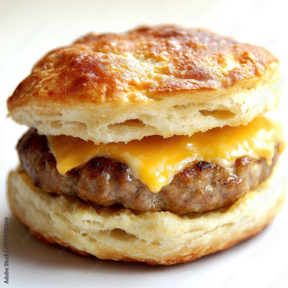 A close-up slightly angled view of a breakfast sandwich made with a flaky biscuit isolated on a white background A close-up slightly angled view of a breakfast sandwich made with a flaky biscuit isolated on a white background