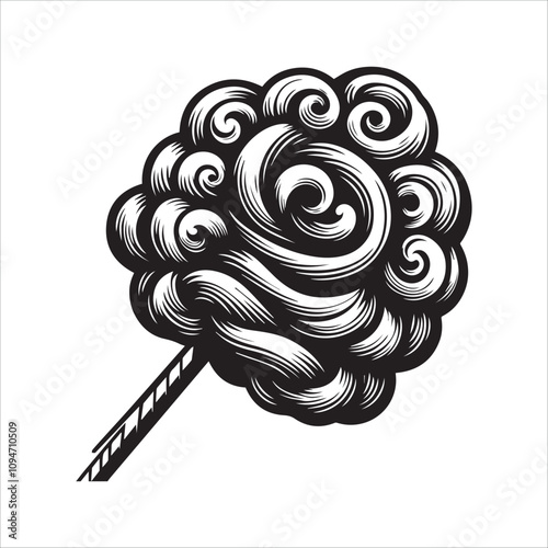 Detailed black and white illustration of a swirling lollipop. This intricate black and white line art illustration showcases a whimsical lollipop with a detailed, swirling pattern.