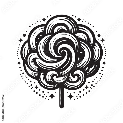 Detailed black and white illustration of a swirling lollipop. This intricate black and white line art illustration showcases a whimsical lollipop with a detailed, swirling pattern.