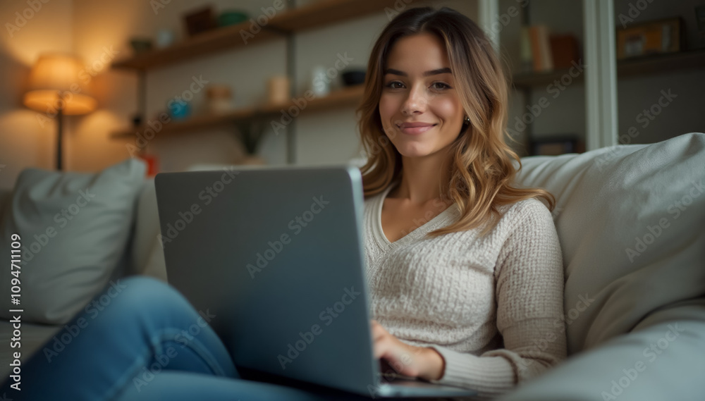 A close up woman sitting comfortably on a sofa in a cozy home environment, focused on her laptop A close up woman sitting comfortably on a sofa in a cozy home environment, focused on her laptop