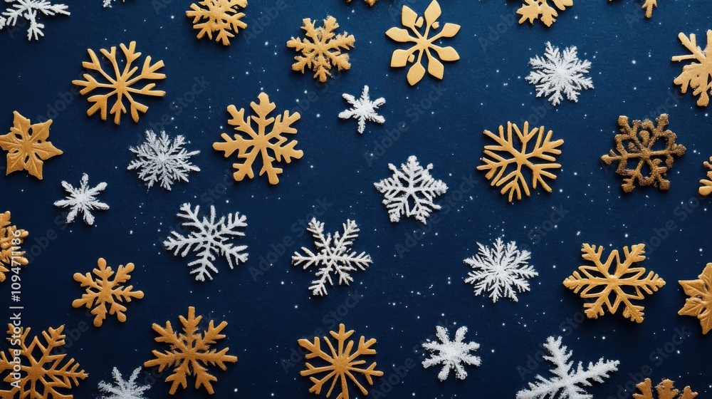 Gold and navy snowflakes creating a winter wonderland backdrop Gold and navy snowflakes creating a winter wonderland backdrop