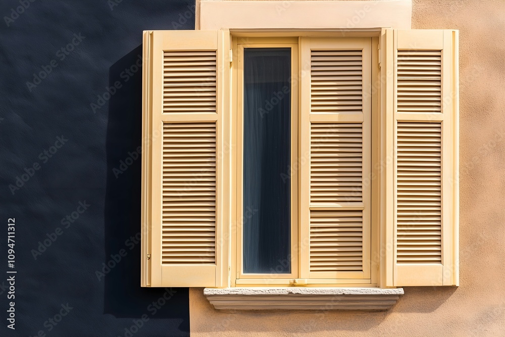Fototapeta premium Window with Open Pale Yellow Shutters on Beige and Dark Walls