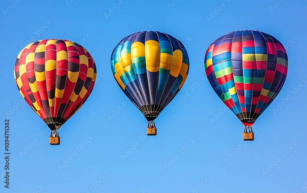 Fototapeta premium Three colorful hot air balloons ascend against a clear blue sky. (1)