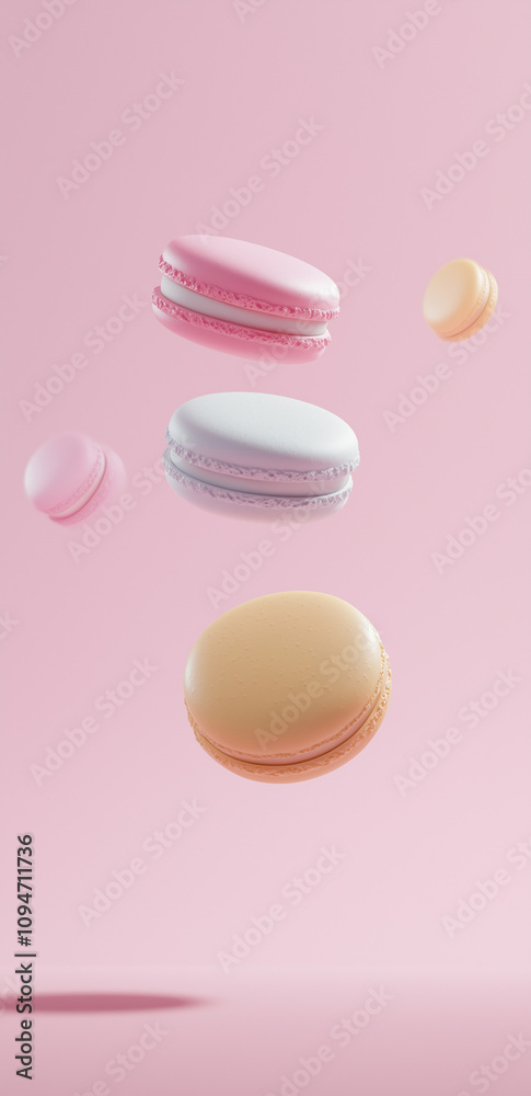 Many colorful macarons floating in the air against a pink background.Minimal creative food concept.Copy space,flat lay Many colorful macarons floating in the air against a pink background.Minimal creative food concept.Copy space,flat lay