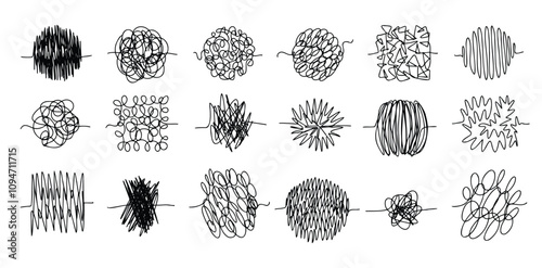 Chaos lines doodle set. Hand drawn tangled clew. Insane scribble lines. confused doodle scribbles.