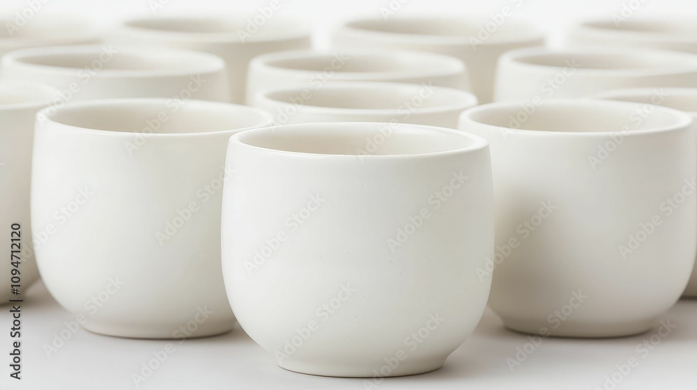 Handmade Ceramics concept. A collection of simple white ceramic cups arranged closely together, showcasing minimalist design and uniformity in shape and color. Handmade Ceramics concept. A collection of simple white ceramic cups arranged closely together, showcasing minimalist design and uniformity in shape and color.