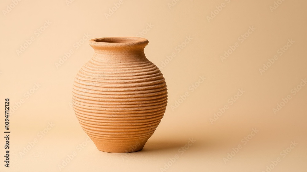 Handmade Ceramics concept. A simple, textured clay vase with a rounded shape, set against a soft beige background. Handmade Ceramics concept. A simple, textured clay vase with a rounded shape, set against a soft beige background.