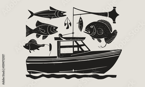 A fish head and a fish in the middle of a forest. A poster that says fish set on it.
