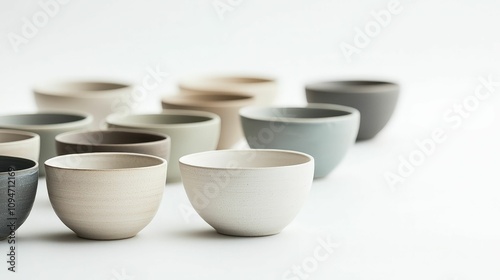 Handmade Ceramics concept. A collection of minimalist ceramic bowls in soft, neutral tones arranged aesthetically on a light background.