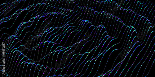 Points in noisy wave from color dots and lines chaotic texture. Abstract dots on black background. Technology cyberspace concept.