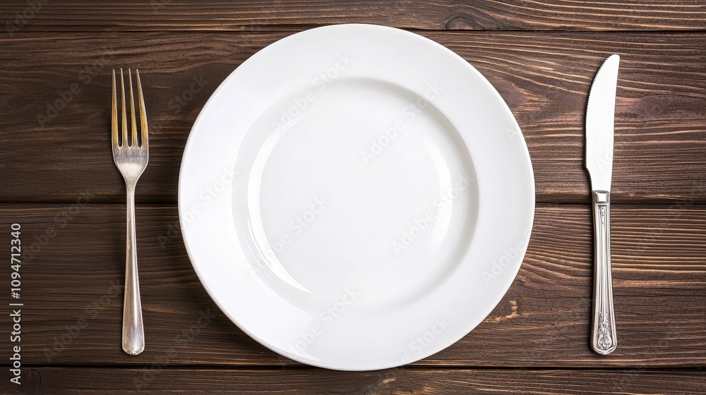 Handmade Ceramics concept. A simple white plate with a fork and knife is placed on a wooden table, ready for a meal. Handmade Ceramics concept. A simple white plate with a fork and knife is placed on a wooden table, ready for a meal.