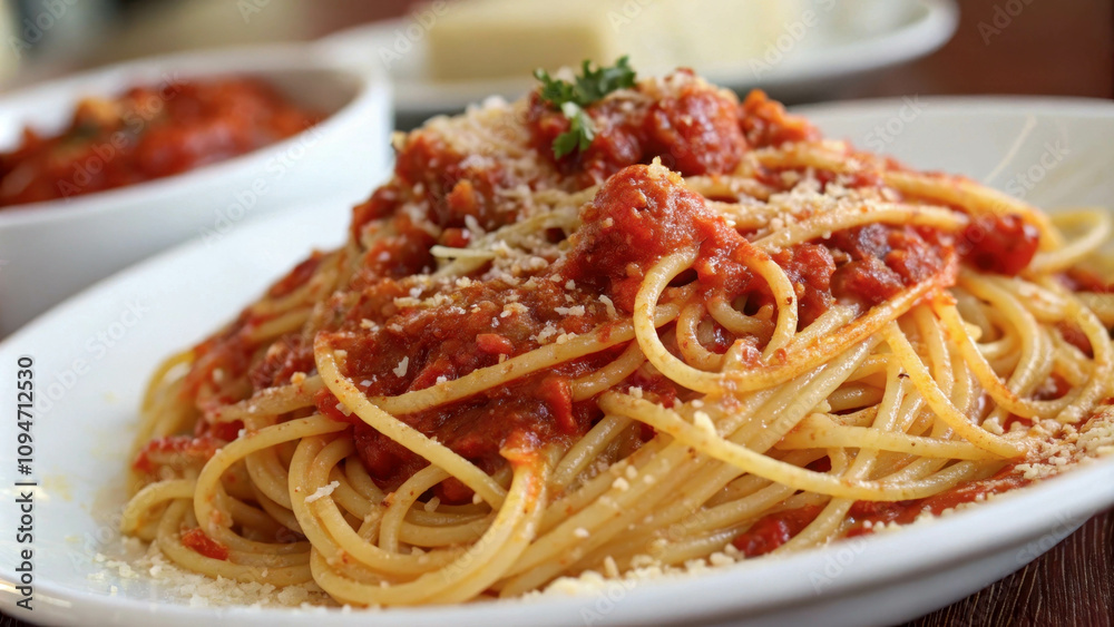 Pasta with marinara sauce, white plate, close-up. Italian culture Pasta with marinara sauce, white plate, close-up. Italian culture