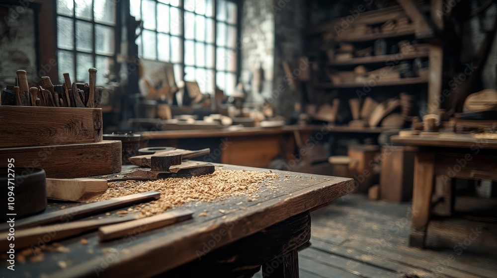 An Old-World Woodworking Workshop Filled with Tools and Materials An Old-World Woodworking Workshop Filled with Tools and Materials
