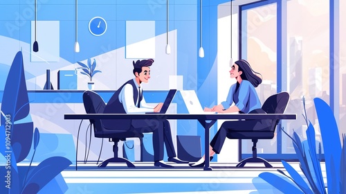 Creative Collaboration: A Middle-Aged Professional Couple Designing Digital Marketing Materials for Business Growth in a Stylish, Modern Office Space with a Touch of Nature