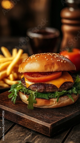 juicy chicken burger with lettuce, tomato, and a spicy mayo sauce, served on a sesame bun with sweet potato fries