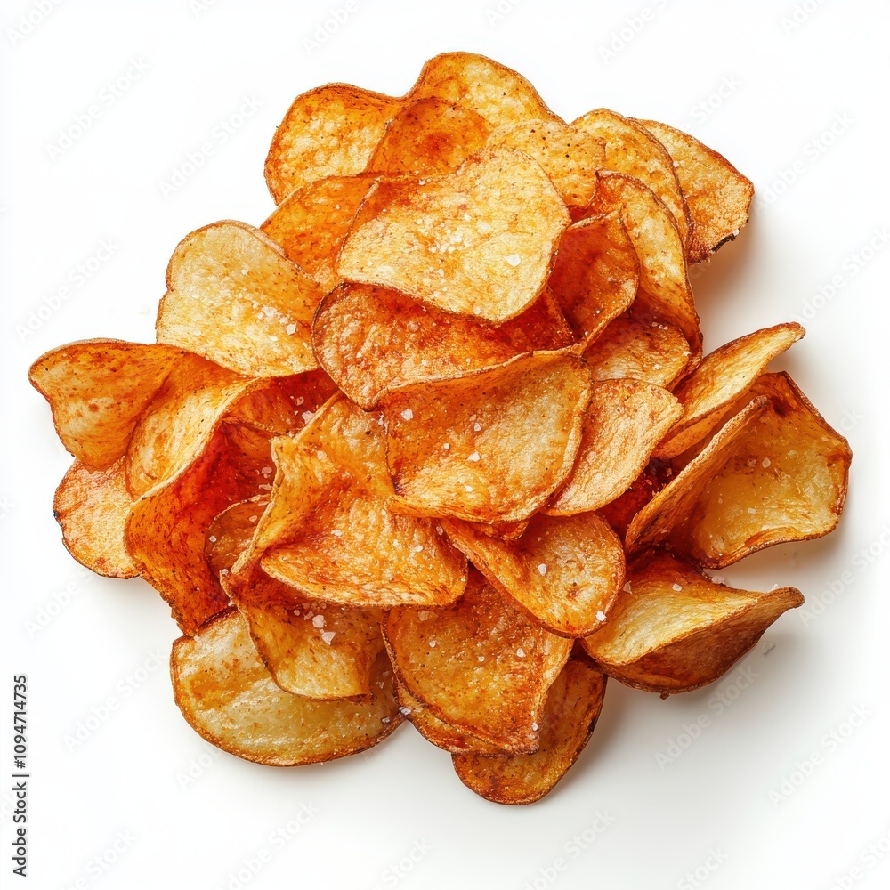 A pile of golden-brown, crispy potato chips with a wavy texture and light salt specks Isolated on a white background A pile of golden-brown, crispy potato chips with a wavy texture and light salt specks Isolated on a white background