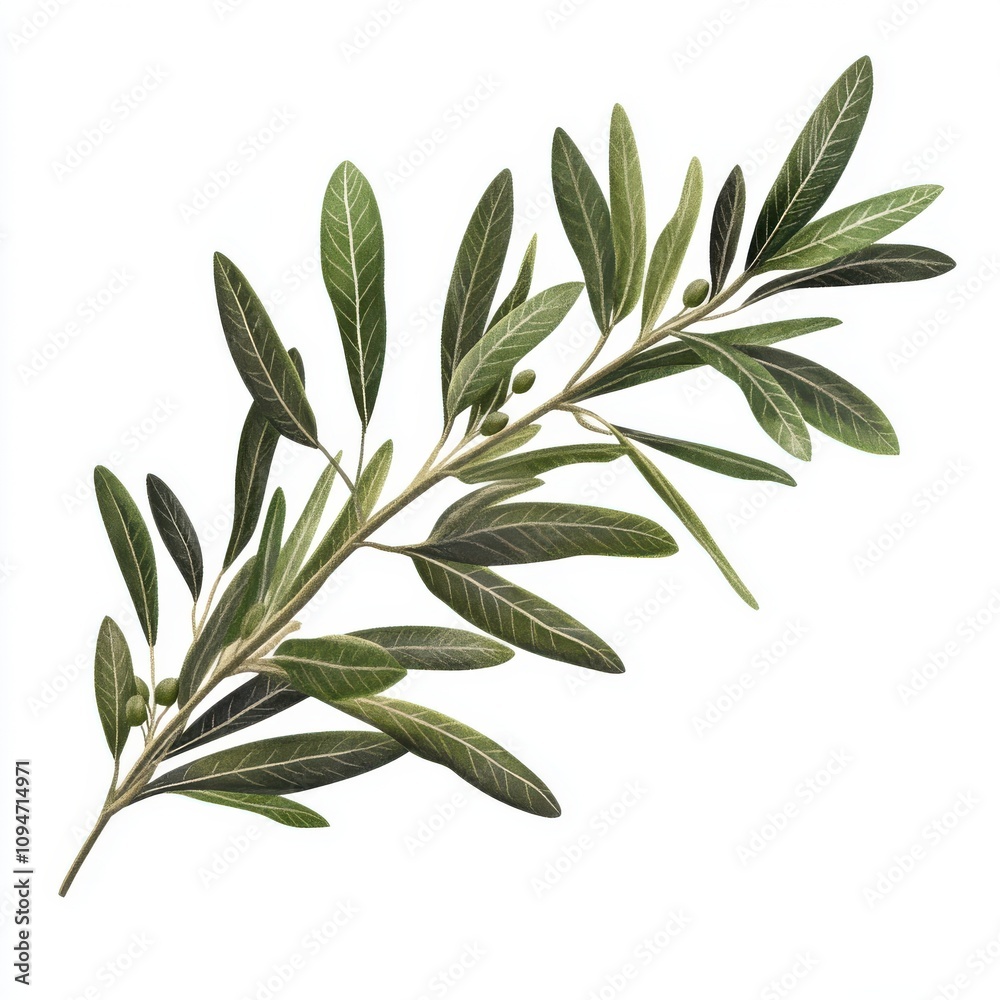 Obraz premium A realistic depiction of a single olive branch with a detailed arrangement of green leaves isolated on a white background