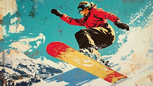 Dynamic skier mid-jump in vibrant retro pop art style, capturing motion and vintage flair. photo