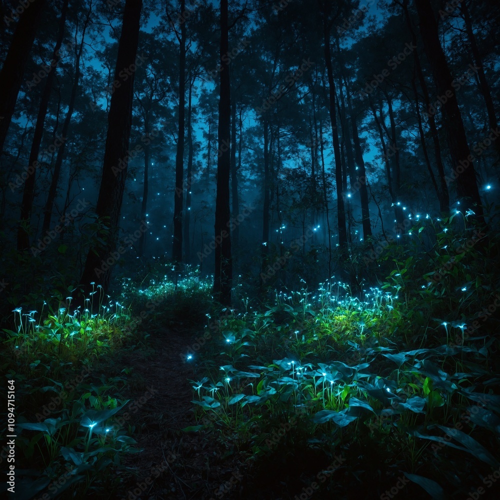 Fototapeta premium A magical forest with bioluminescent plants glowing in the night, and fireflies lighting the air.v
