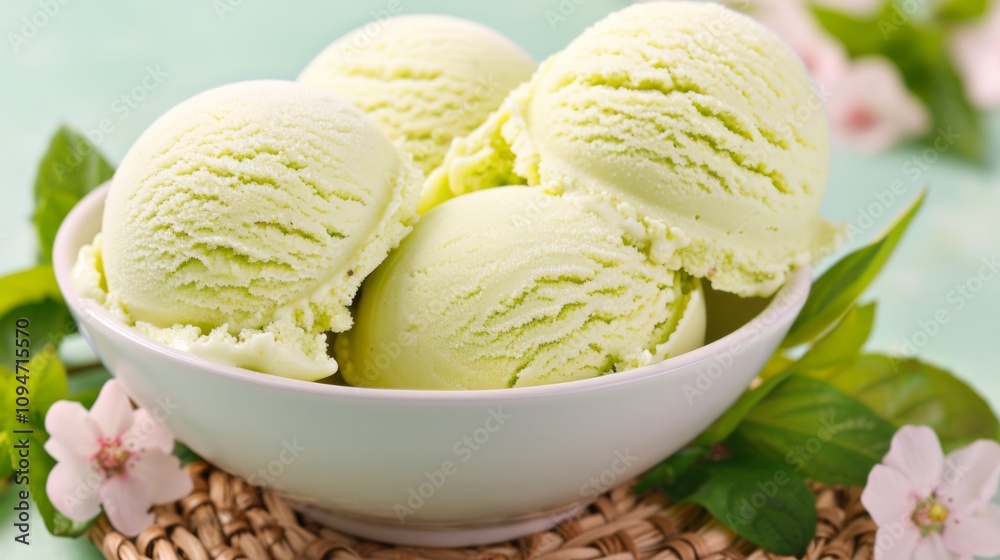 Bowl of green ice cream scoops with leaves. Bowl of green ice cream scoops with leaves.